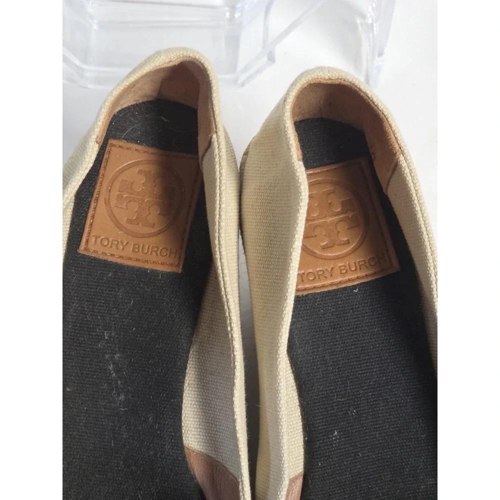 Tory Burch Womens 10 Espadrille Wedge Sandals Canvas Peep Toe Black Logo